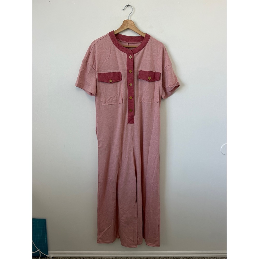Fisoew Women's Pink Short Sleeve Wide Leg Jumpsuit – Size Large – NWT - Picture 2 of 5